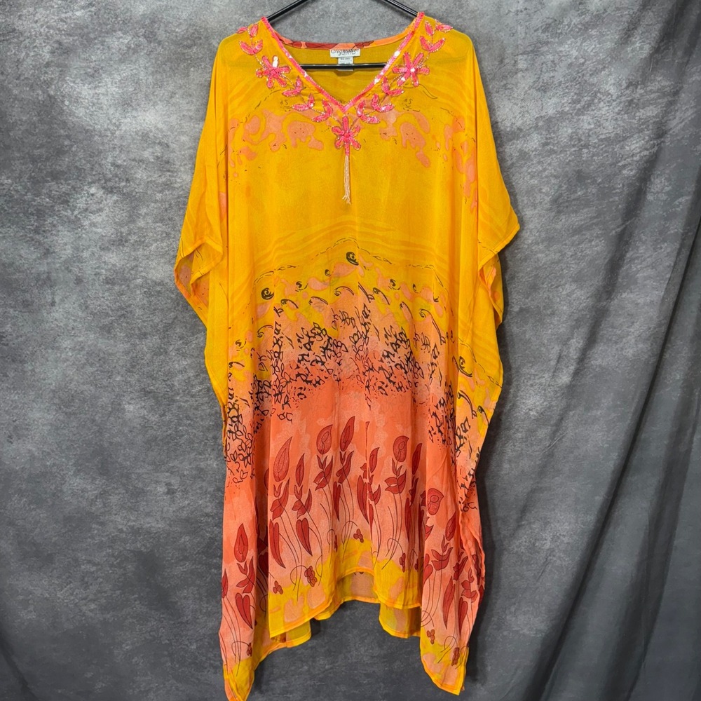 VTG Signature JMB Sheer Kaftan Dress Yellow Orange Ombre Floral Sequin Coverup